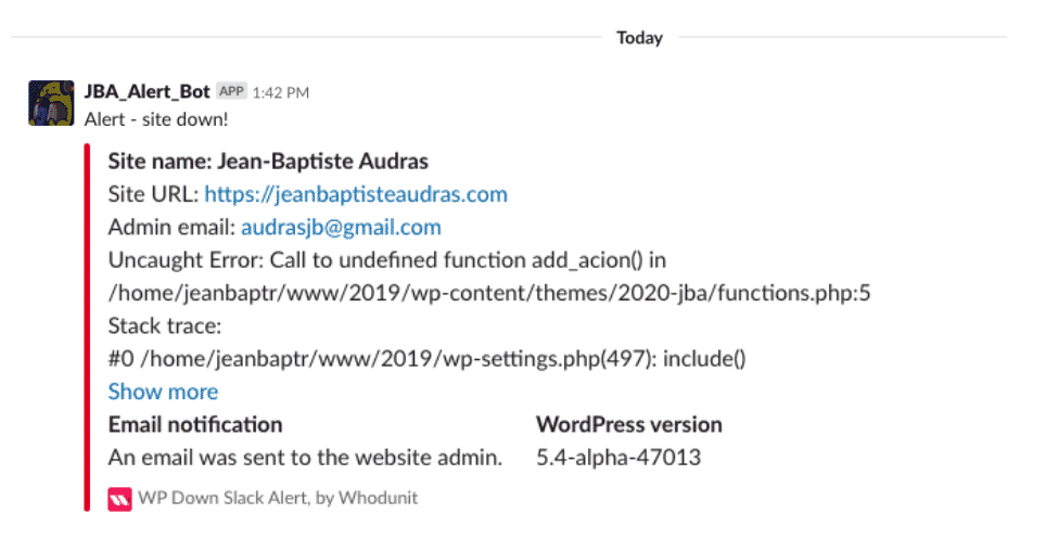 WordPress recovery mode slack notification example